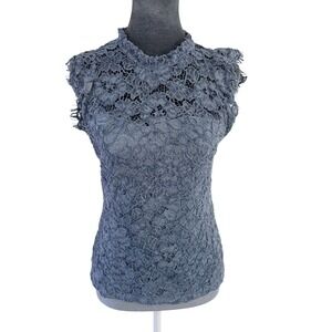 White House Black Market Blue Romantic Coquette Lace Mock Neck Sleeveless Top 2